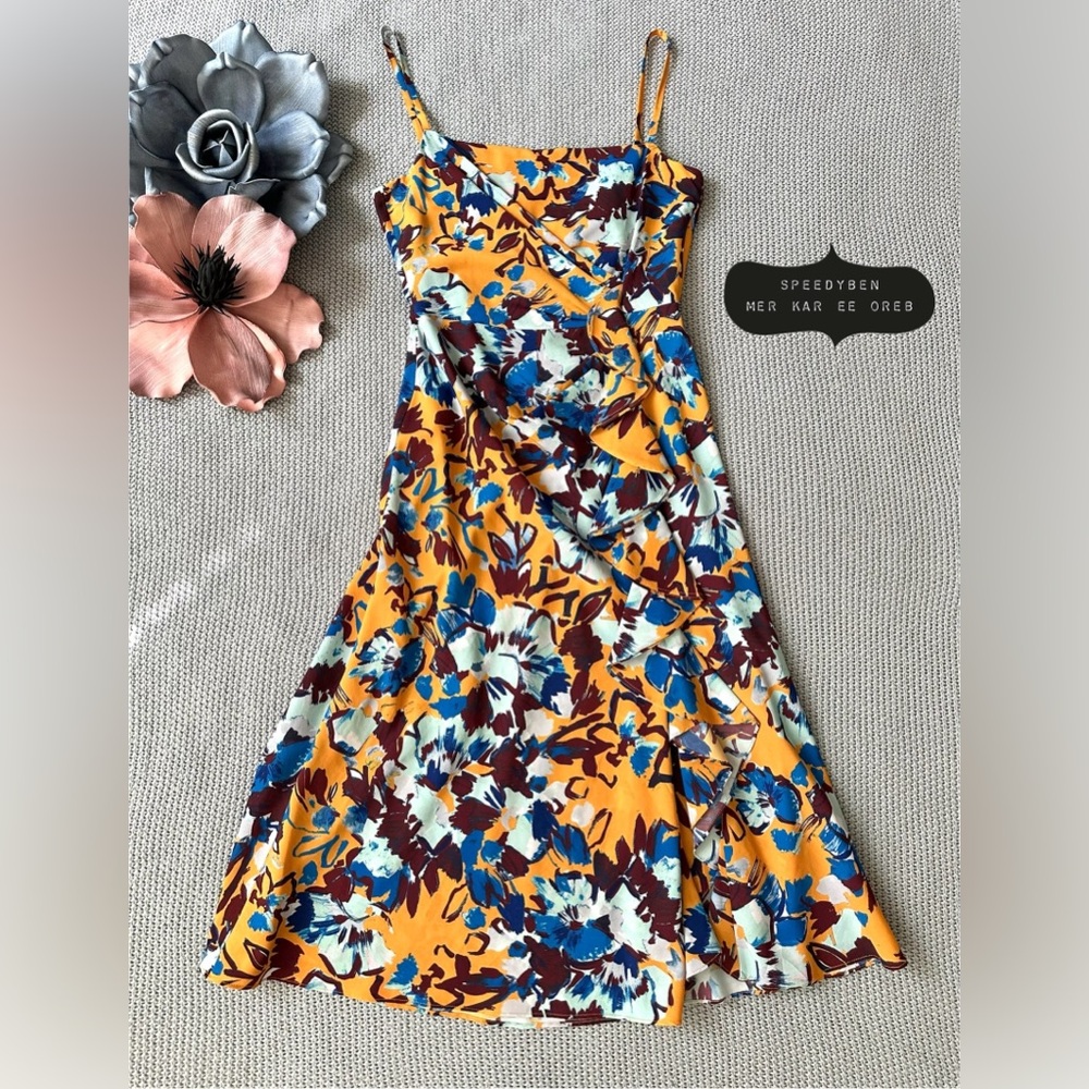 PRABAL GURUNG Ochre Floral Side Ruffle Dress size 6